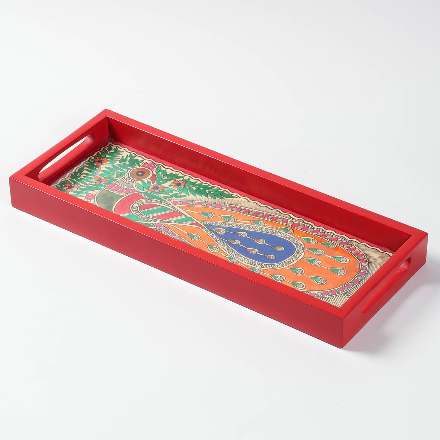 Red Madhubani Hand-Painted Sheesham Wood Tray