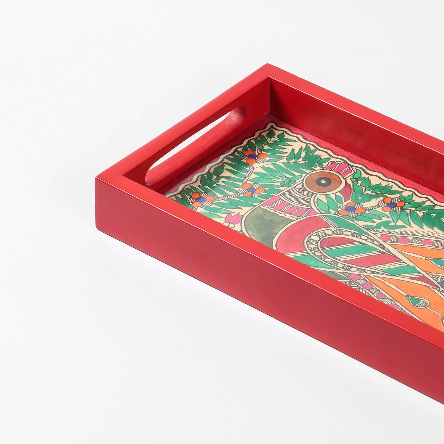 Red Madhubani Hand-Painted Sheesham Wood Tray