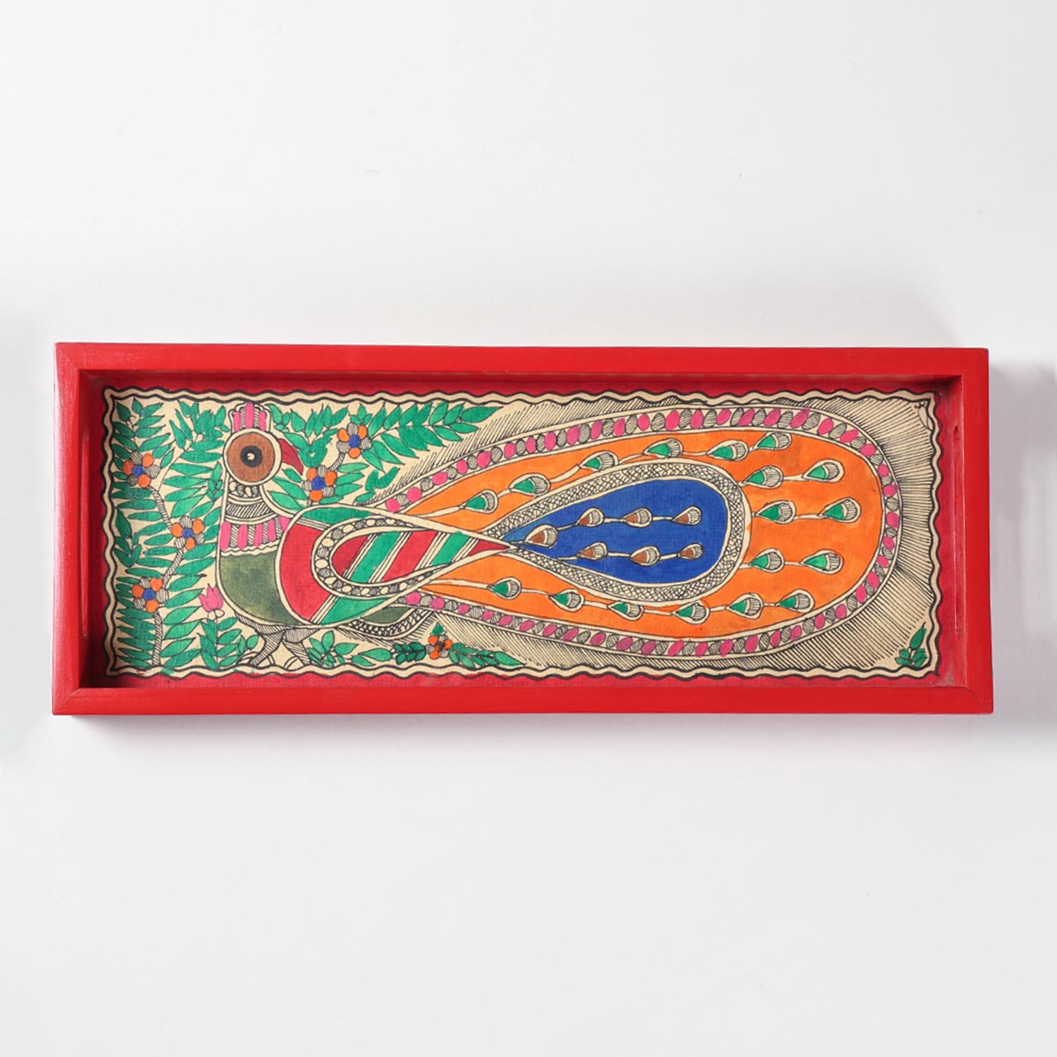 Red Madhubani Hand-Painted Sheesham Wood Tray