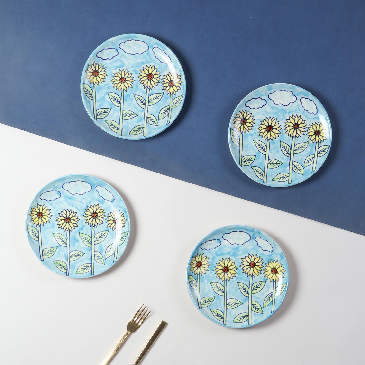 Sunflower Handpainted Ceramic Breakfast Plate Set 8"