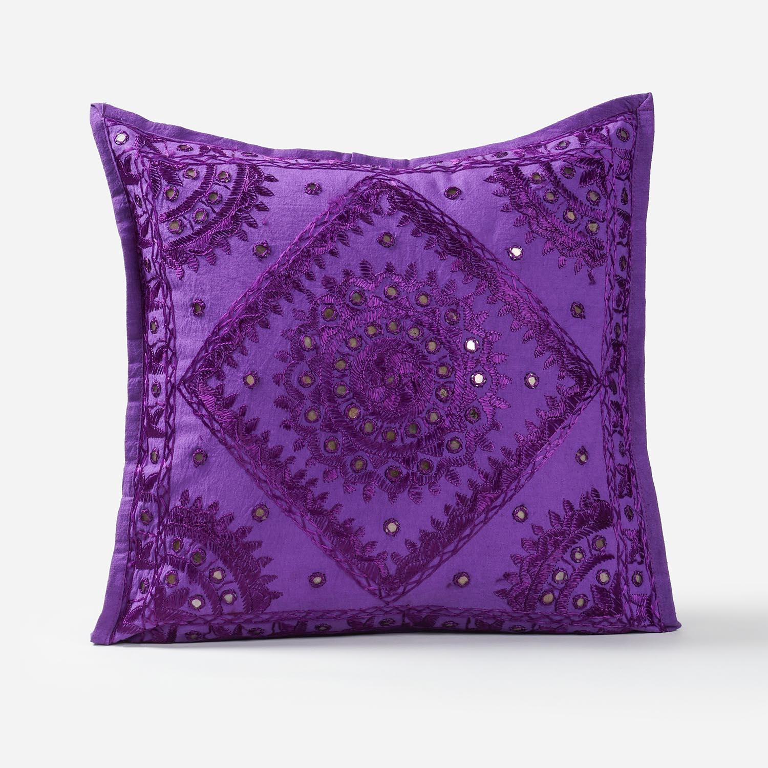 Purple Cotton Mirror Embroidered Cushion Cover, 16 x 16