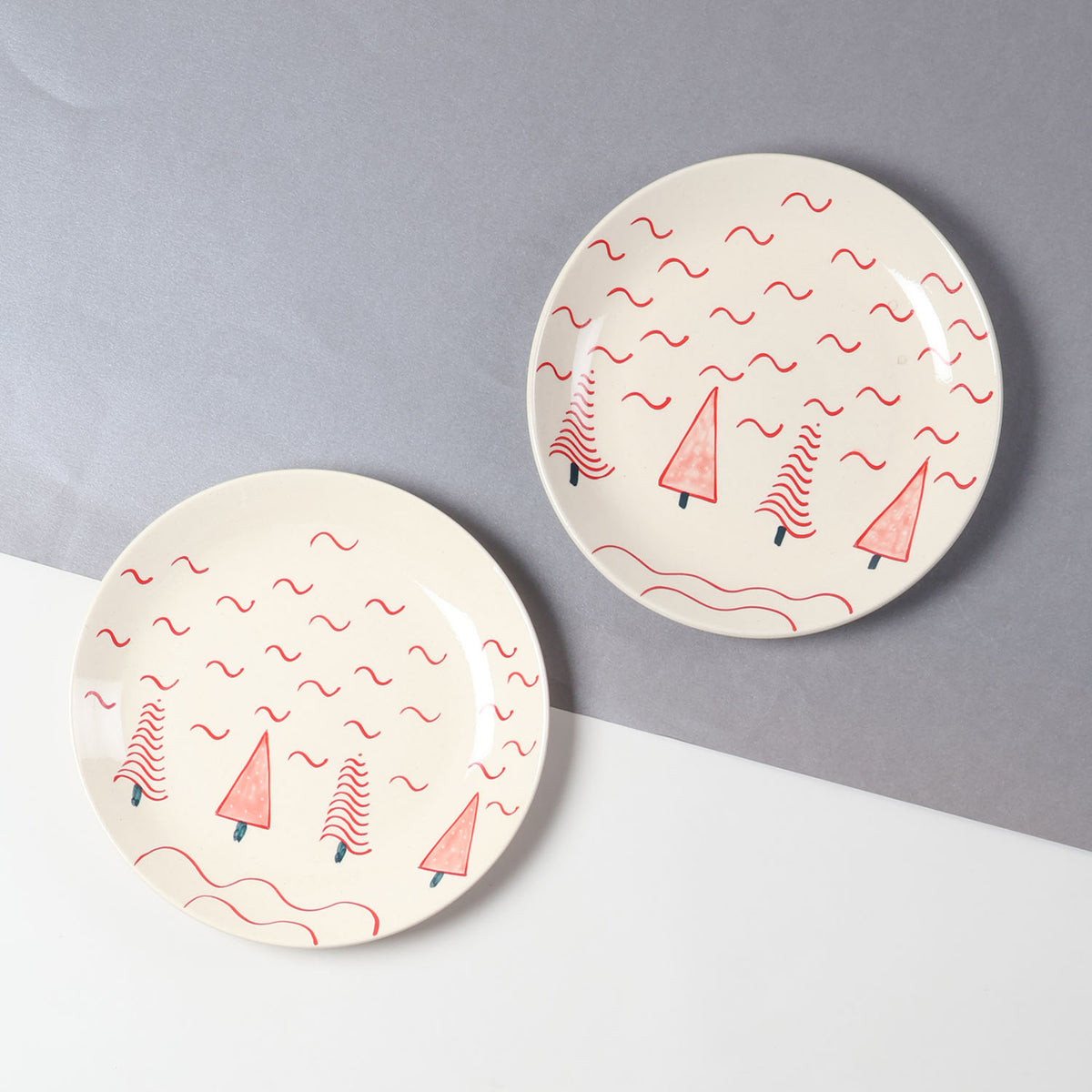 Set of 2 Dinner Plates 10 Inch, Trees & Waves