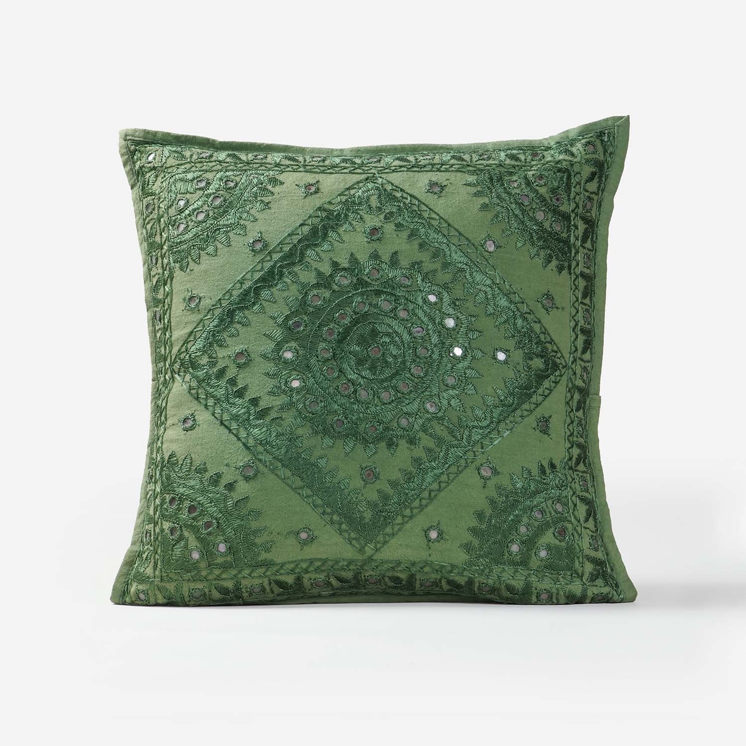Moss Green Mirror Embroidered Cushion Cover, 16x16
