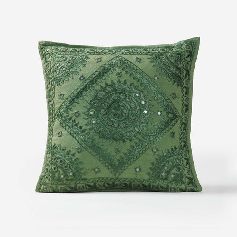 Moss Green Mirror Embroidered Cushion Cover, 16x16