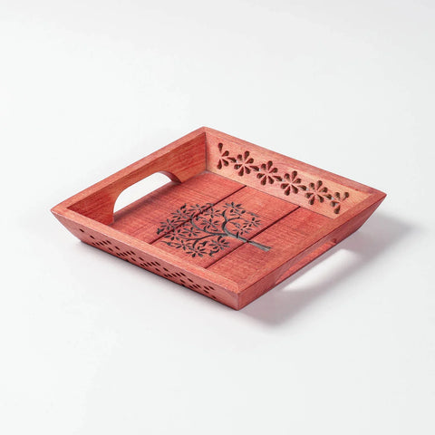 Tree of Life Hand-Carved Red Square Sheesham Wood Tray
