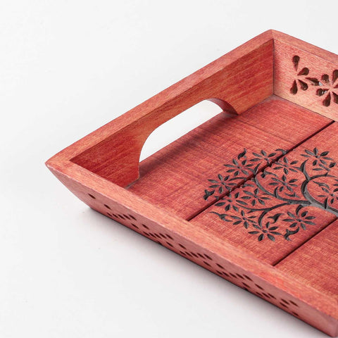 Tree of Life Hand-Carved Red Square Sheesham Wood Tray