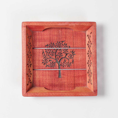 Tree of Life Hand-Carved Red Square Sheesham Wood Tray