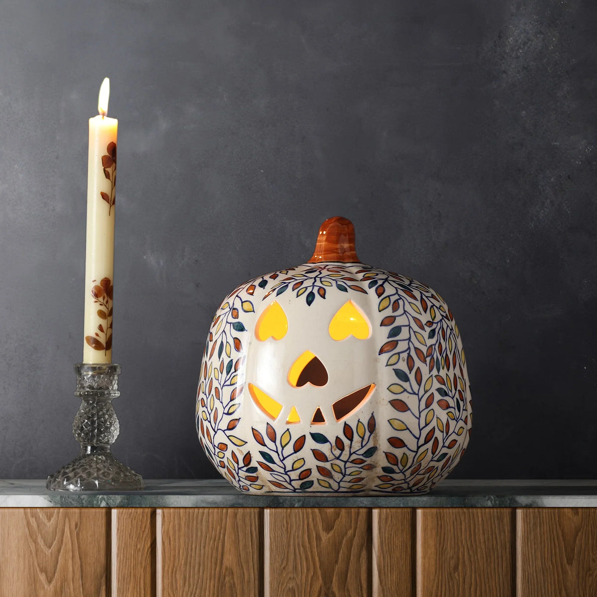 Ceramic Pumpkin Tea Light Holder - Leaves
