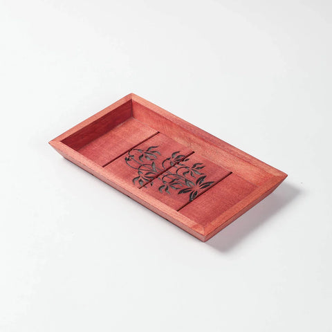 Floral Hand-Carved Red Sheesham Wood Tray