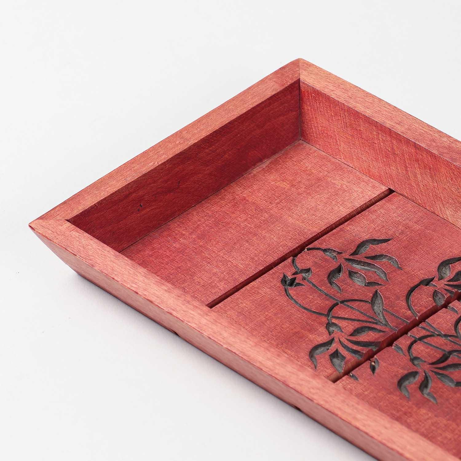 Floral Hand-Carved Red Sheesham Wood Tray
