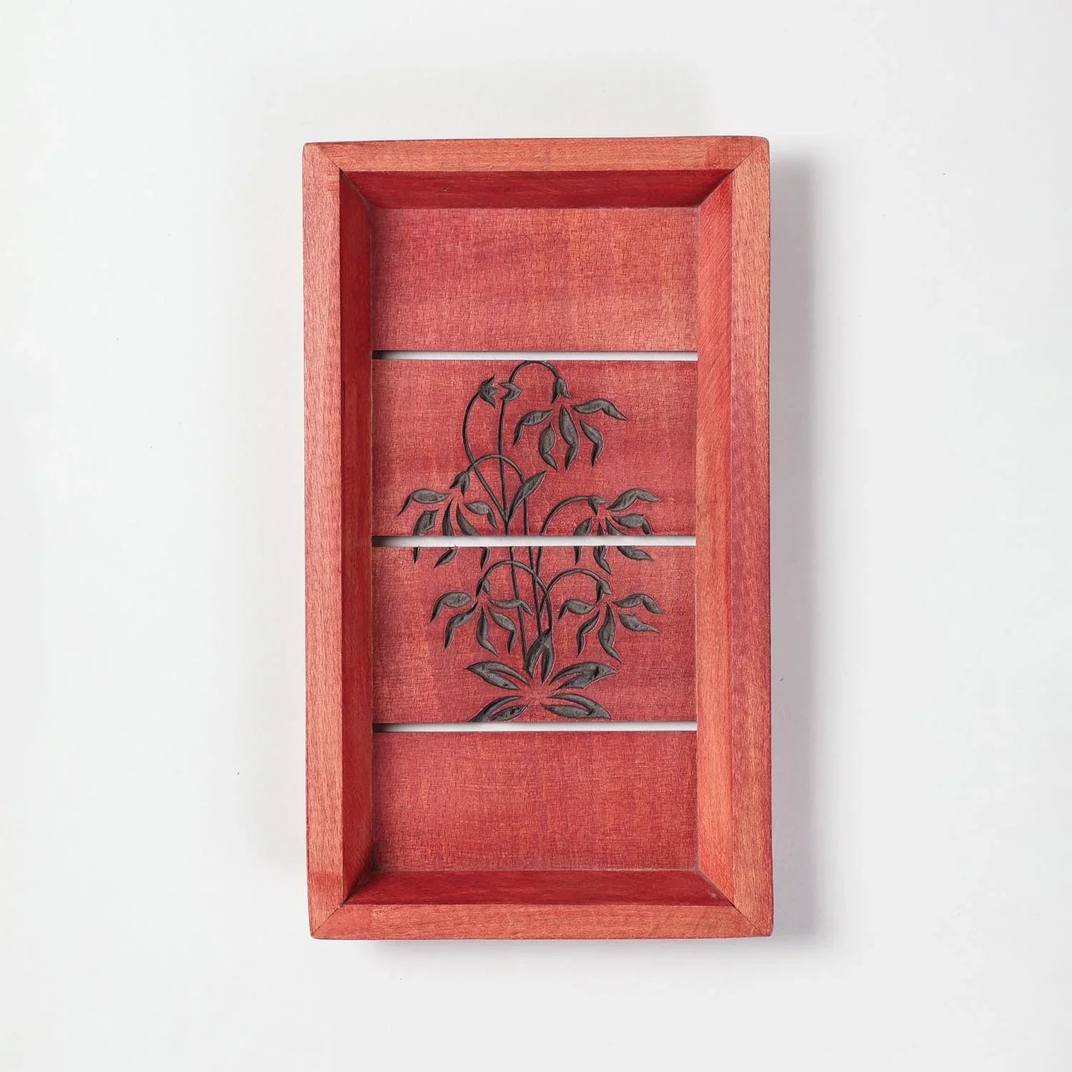 Floral Hand-Carved Red Sheesham Wood Tray