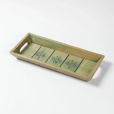 Mughal Hand-Carved Green Sheesham Wood Tray