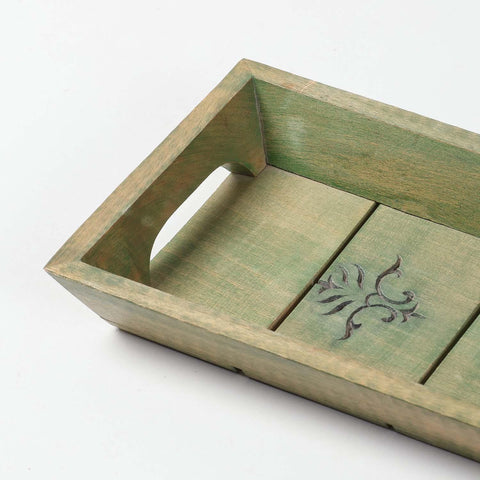 Mughal Hand-Carved Green Sheesham Wood Tray