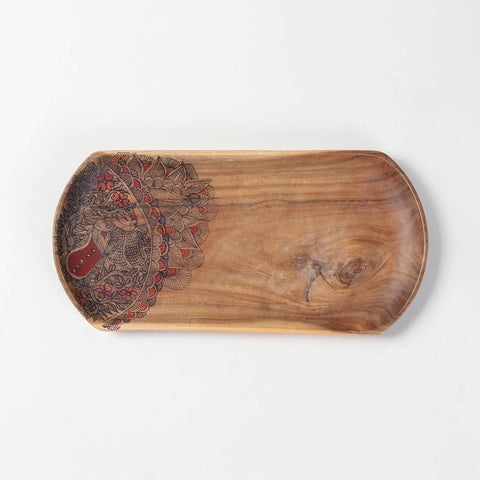 Peacock Hand-Painted Acacia Wood Platter
