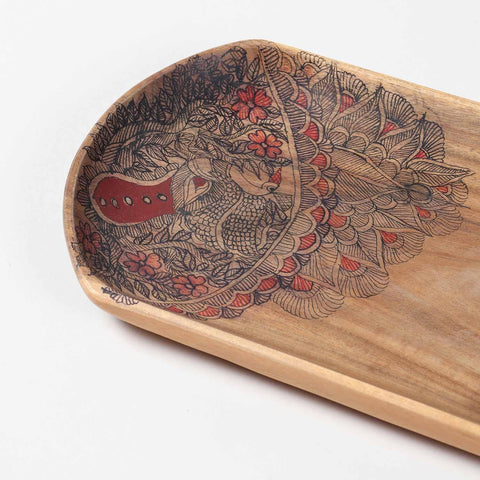 Peacock Hand-Painted Acacia Wood Platter