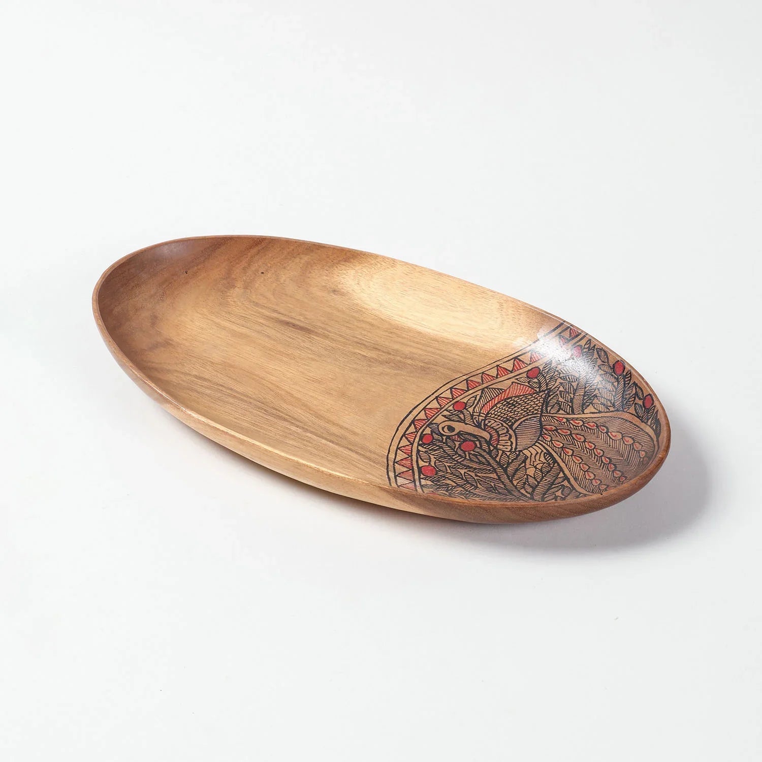 Oval Peacock Hand-Painted Acacia Wood Platter - Set of 2