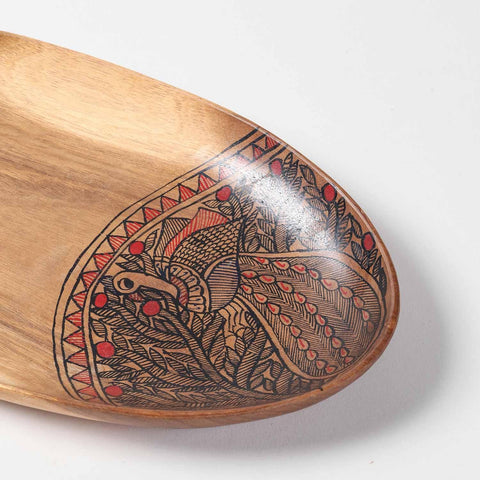 Oval Peacock Hand-Painted Acacia Wood Platter - Set of 2