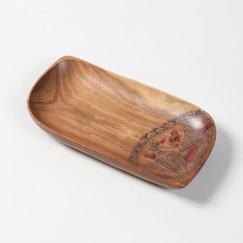 Leaf-Shaped Peacock Hand-Painted Acacia Wood Platter - Set of 2