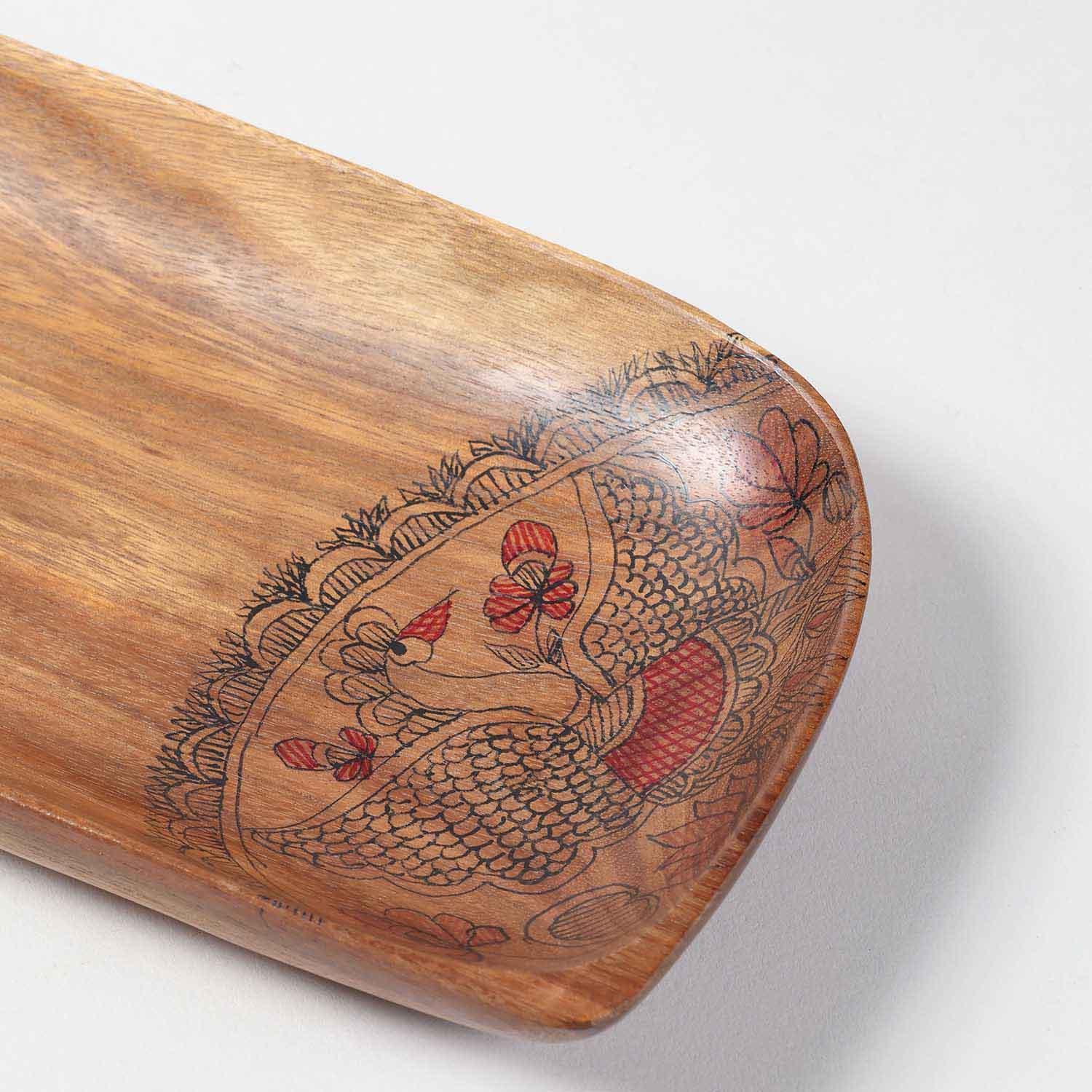 Leaf-Shaped Peacock Hand-Painted Acacia Wood Platter - Set of 2