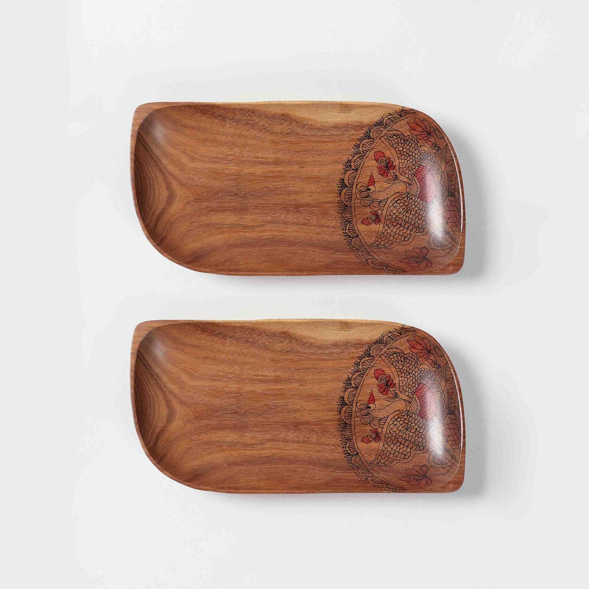 Leaf-Shaped Peacock Hand-Painted Acacia Wood Platter - Set of 2