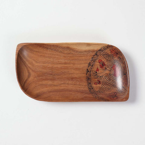 Leaf-Shaped Peacock Hand-Painted Acacia Wood Platter - Set of 2