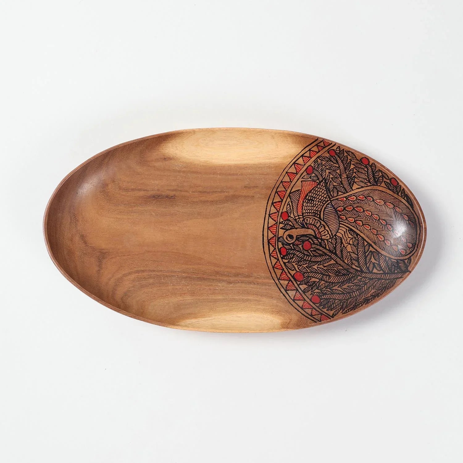 Oval Peacock Hand-Painted Acacia Wood Platter - Set of 2