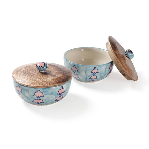 Ceramic Bowl with Lid - Set of 2, Small, Kalamkari - Eyaas