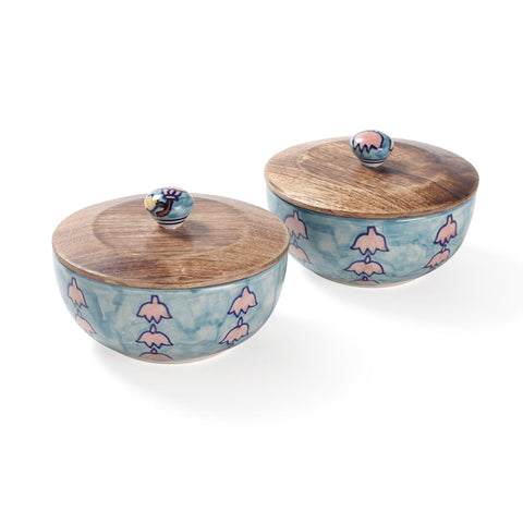 Ceramic Bowl with Lid - Set of 2, Small, Kalamkari - Eyaas