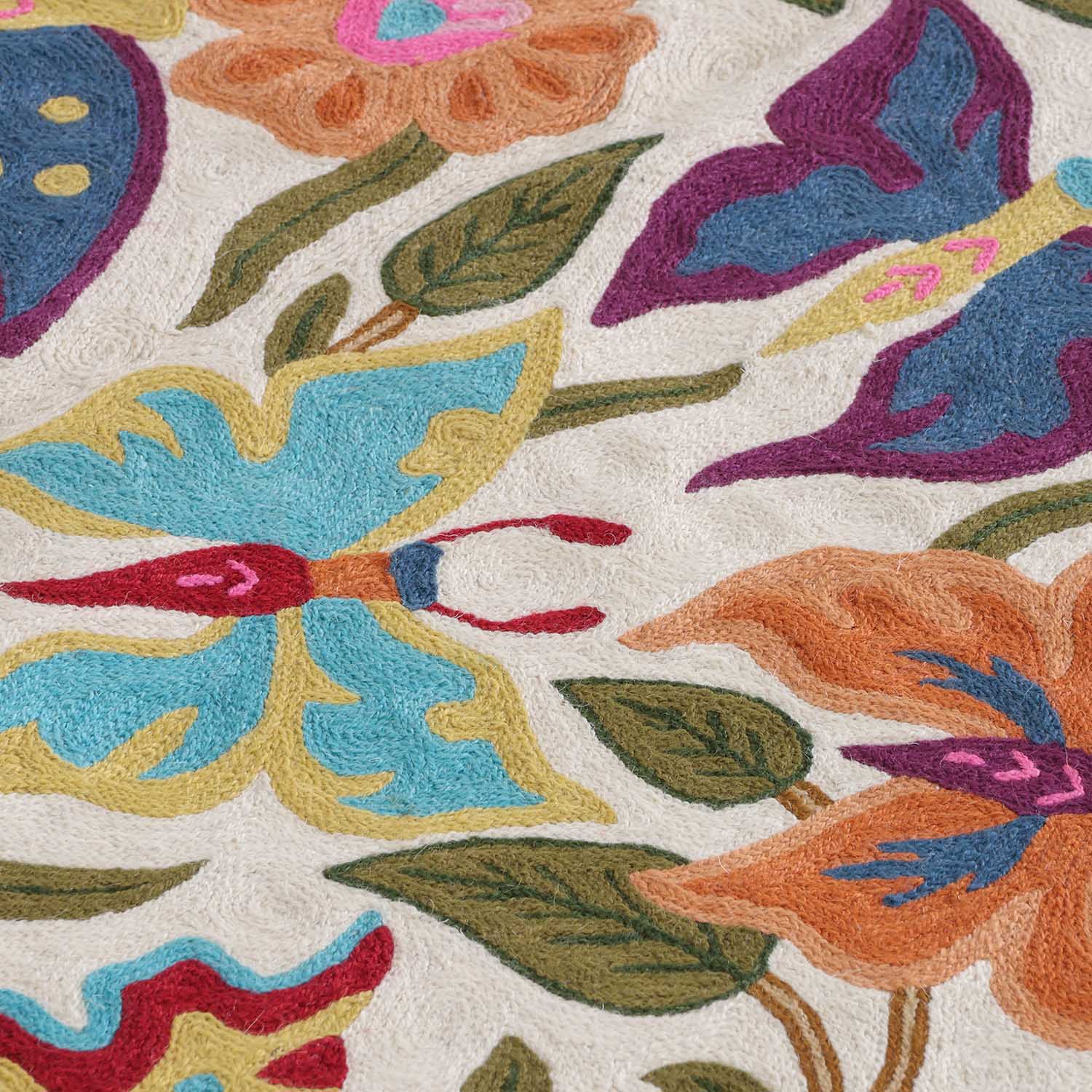 Multi Colour Butterfly Kashmiri Crewel Embroidery Wool Rug, 4x6 ft