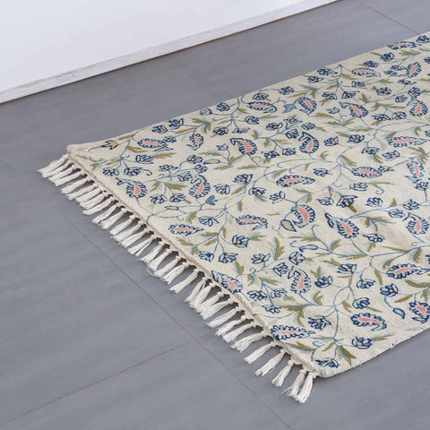 Blue Paisley Trellis Kashmiri Wool Crewelwork Rug, 3x5 ft