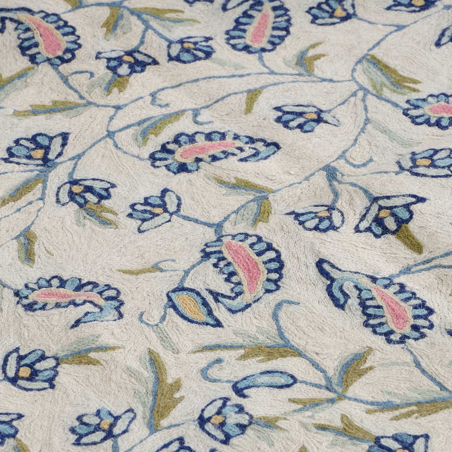 Blue Paisley Trellis Kashmiri Wool Crewelwork Rug, 3x5 ft