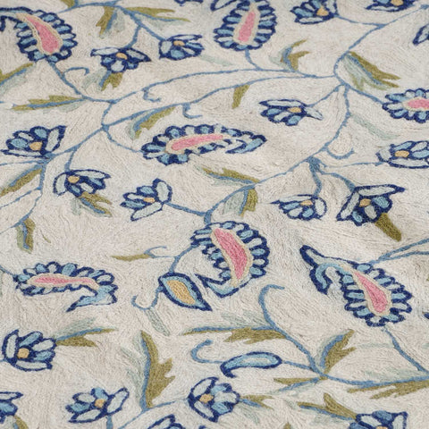 Blue Paisley Trellis Kashmiri Wool Crewelwork Rug, 3x5 ft