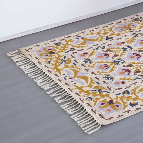 Blue Floral Kashmiri Crewel Emrboidery Wool Rug, 3x5 ft