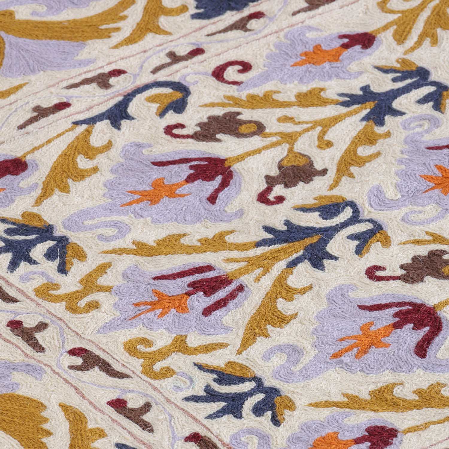 Blue Floral Kashmiri Crewel Emrboidery Wool Rug, 3x5 ft