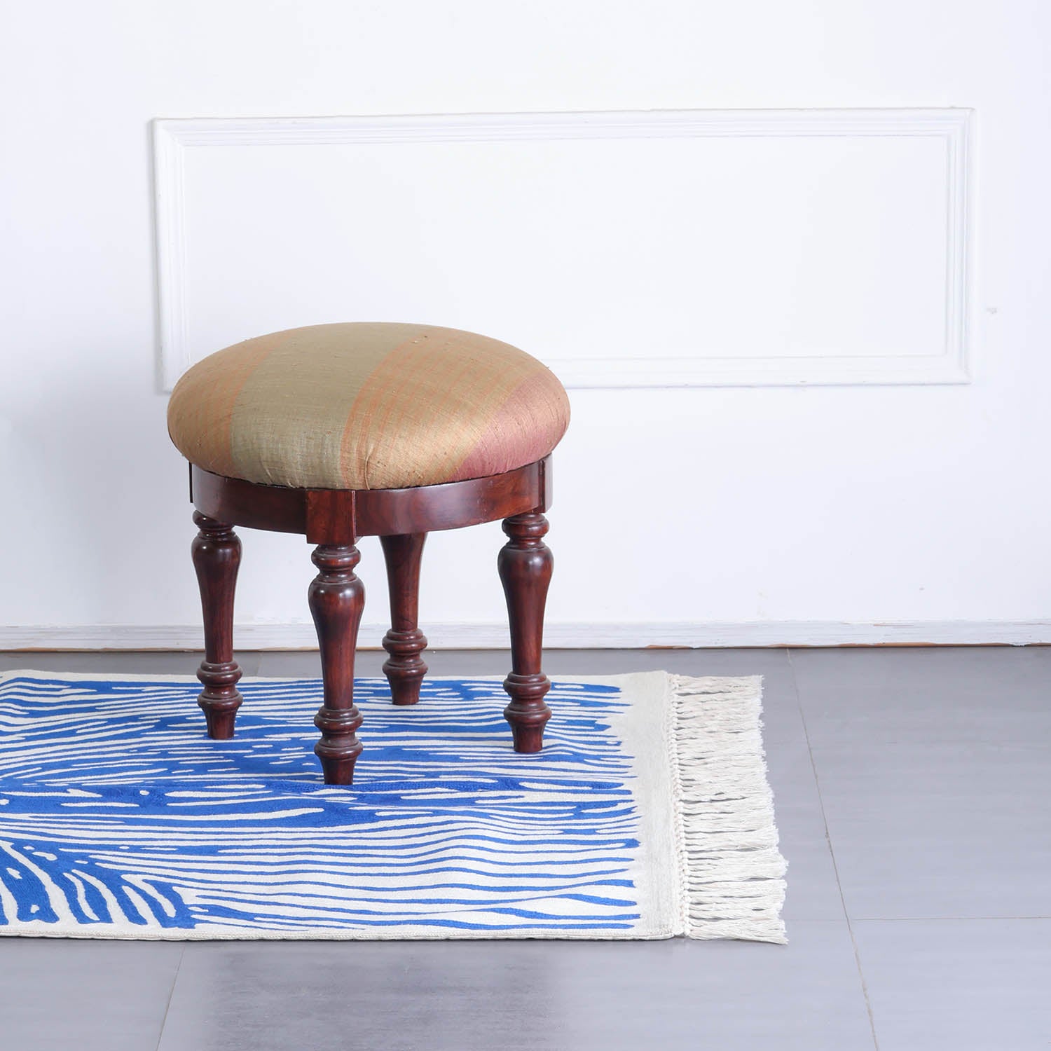 Off White & Blue Abstract Geometric Crewel Embroidery Wool Rug, 3x5 ft