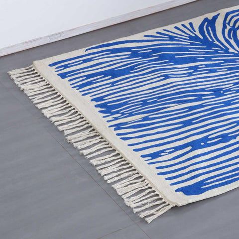 Off White & Blue Abstract Geometric Crewel Embroidery Wool Rug, 3x5 ft