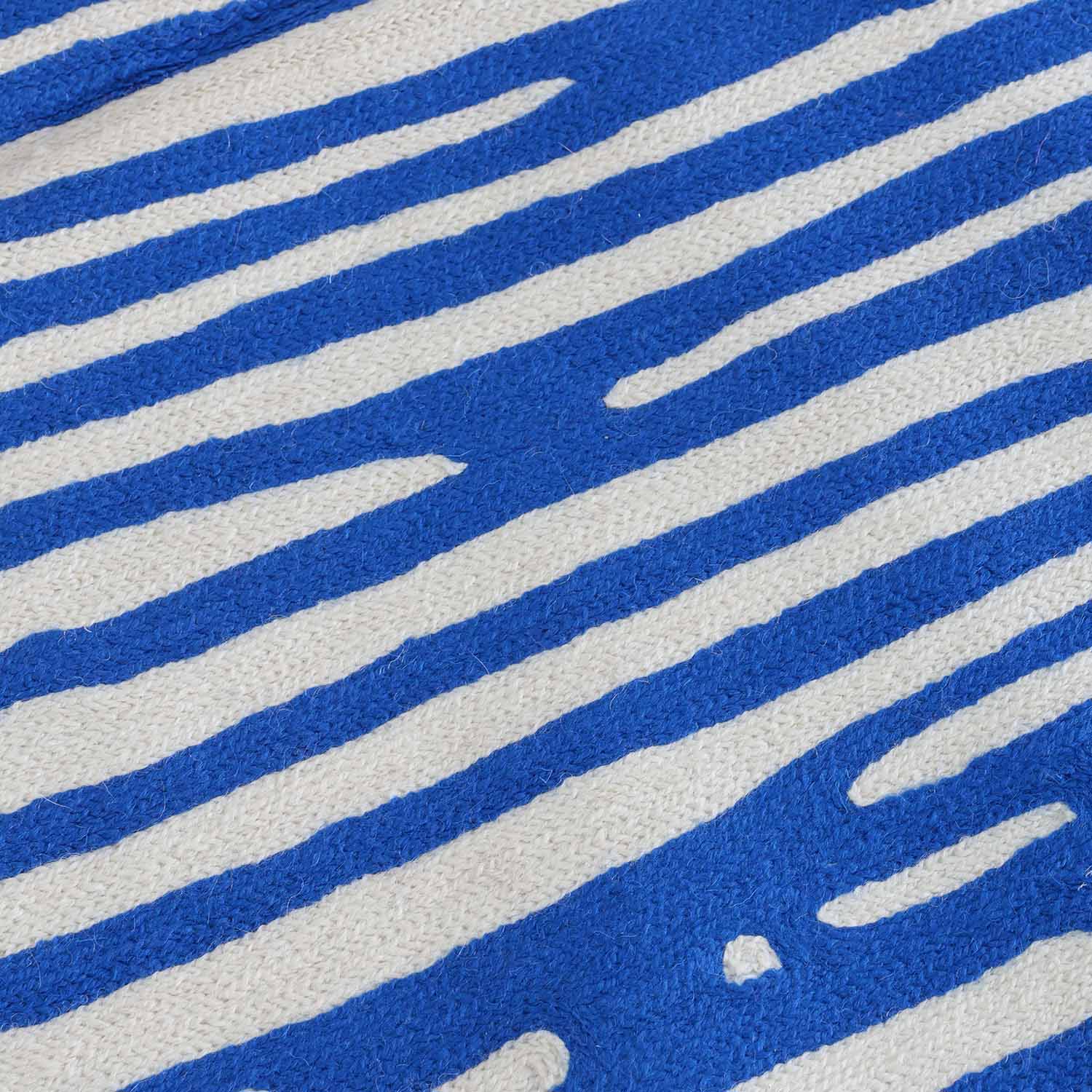 Off White & Blue Abstract Geometric Crewel Embroidery Wool Rug, 3x5 ft