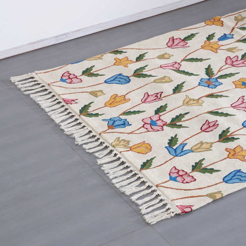 Multi-Colour Floral Kashmiri Crewel Embroidery Wool Rug, 3x5 ft