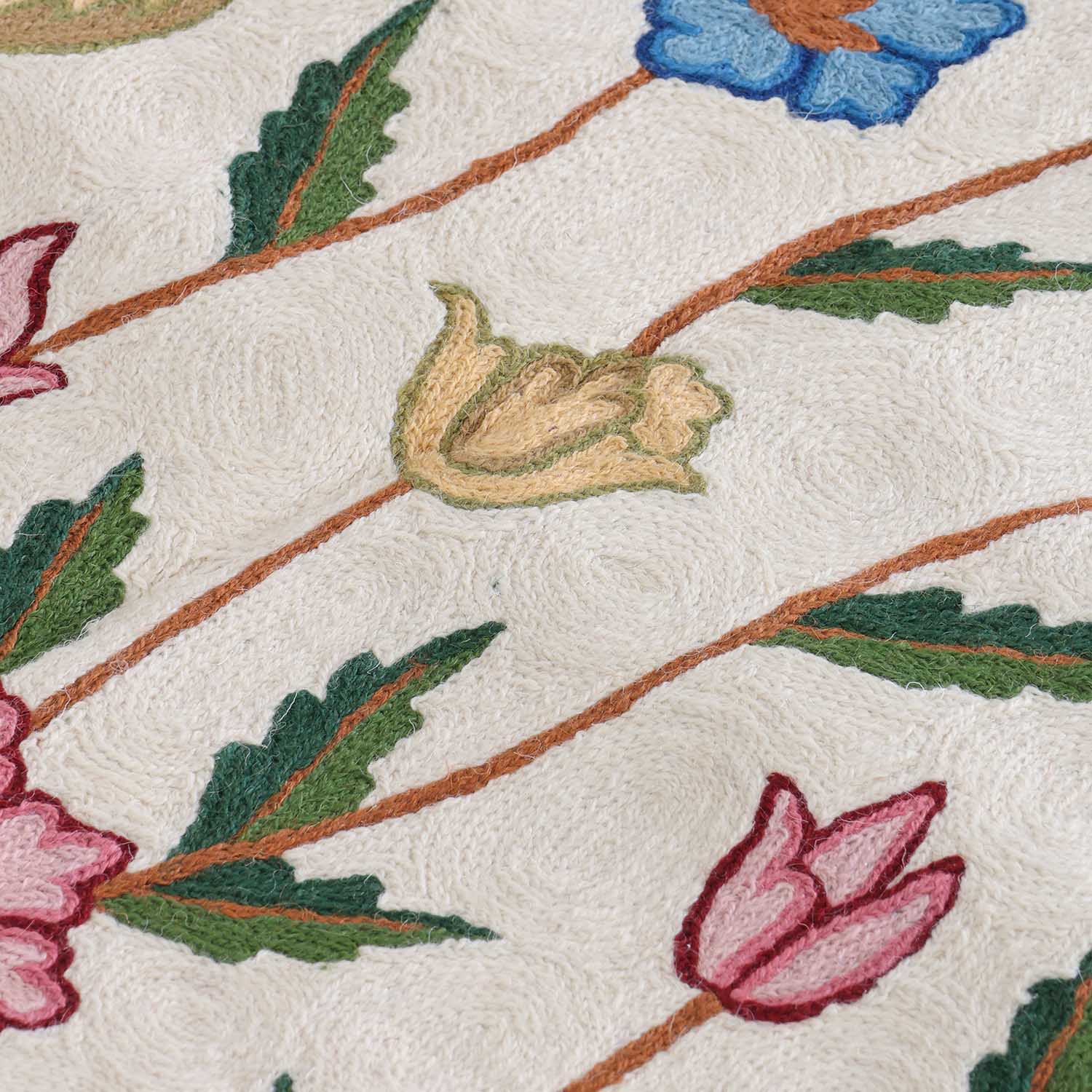 Multi-Colour Floral Kashmiri Crewel Embroidery Wool Rug, 3x5 ft