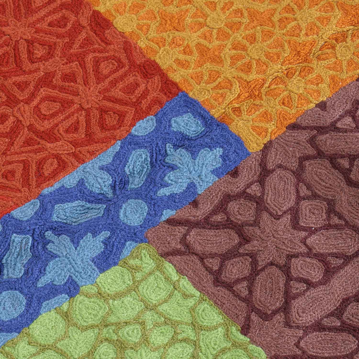 Vibrant Multi Colour Geometric Crewel Embroidery Wool Rug, 3x5 ft