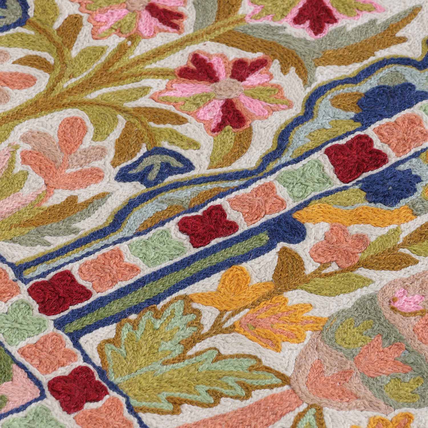 Multi-Colour Square Pattern Crewel Stitch Wool Rug, 3x5 ft