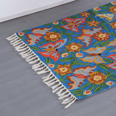 Blue Butterfly & Floral Kashmiri Crewel Embroidery Rug, 2.5x4 ft