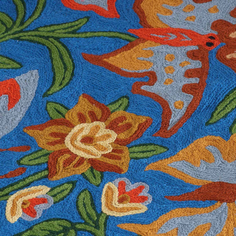 Blue Butterfly & Floral Kashmiri Crewel Embroidery Rug, 2.5x4 ft