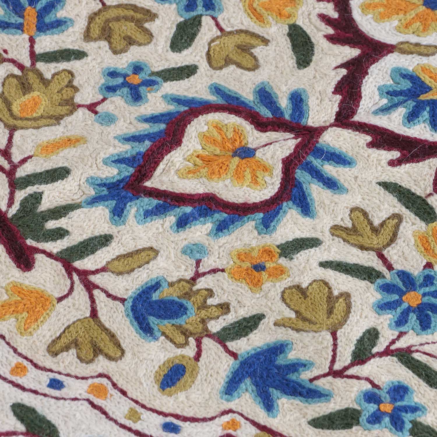 Off White & Blue Kashmiri Crewel Embroidery Rug, 2.5x4 ft