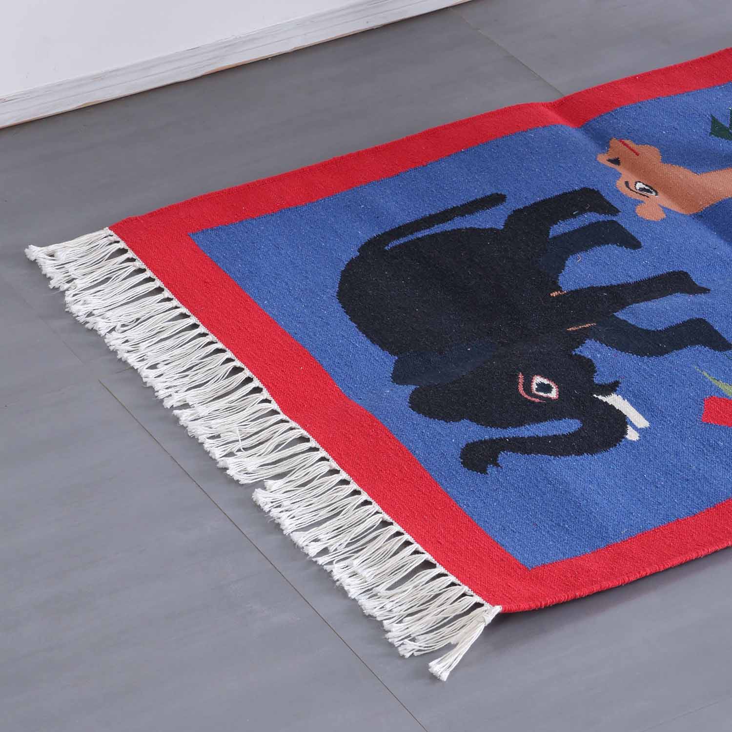 Blue & Red Cotton Camel & Elephant Handwoven Cotton Reversible Rug, 2x3 ft