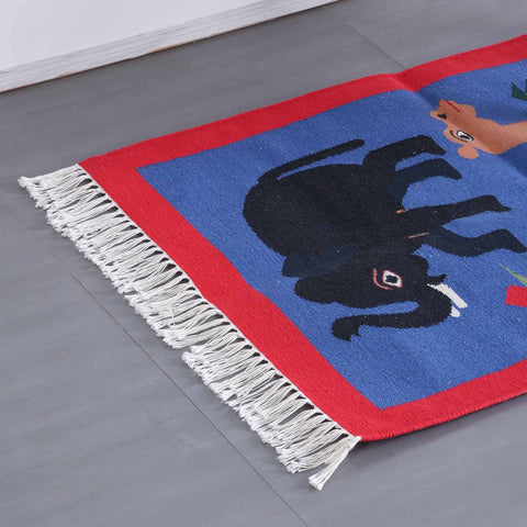 Blue & Red Cotton Camel & Elephant Handwoven Cotton Reversible Rug, 2x3 ft