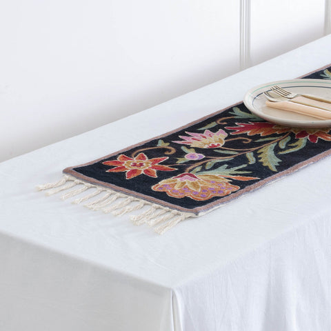 Black Floral Crewel Embroidery Kashmiri Table Runner, 1x4 ft