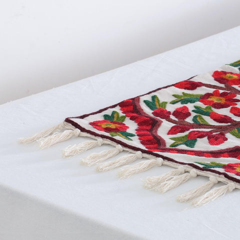 Off White & Multi Colour Mughal Floral Crewelwork Runner, 1x4 ft