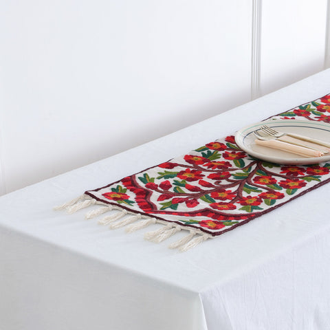 Off White & Multi Colour Mughal Floral Crewelwork Runner, 1x4 ft