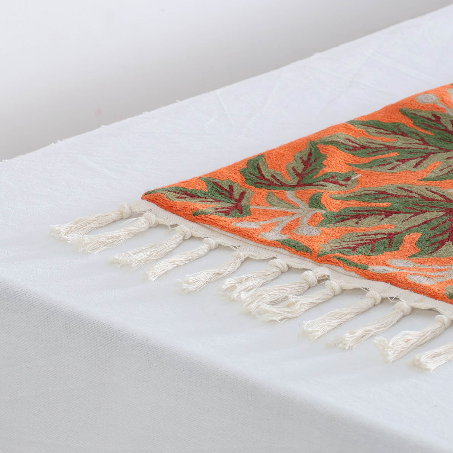 Orange & Green Leaf Crewelwork Table Runner, 1x4 ft